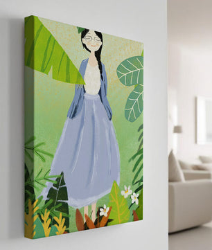 Serene illustration of a woman in nature with tropical leaves