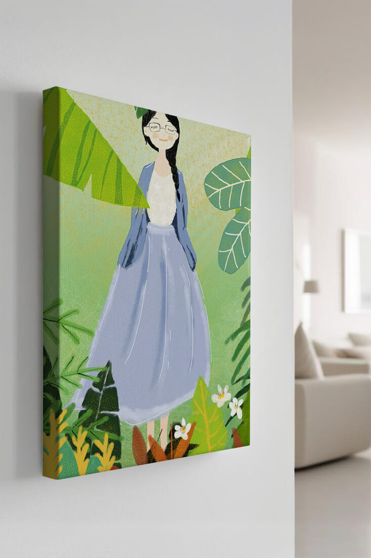 Serene illustration of a woman in nature with tropical leaves