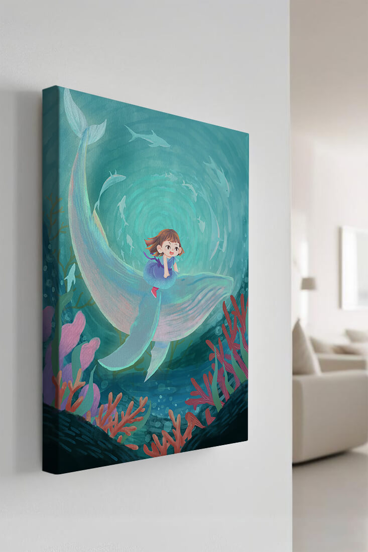 Underwater scene with child and whale surrounded by marine life