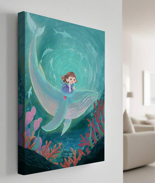 Underwater scene with child and whale surrounded by marine life