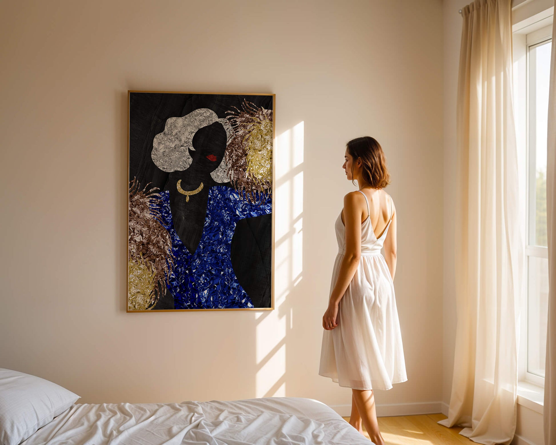 Abstract art with colorful foil textures and silhouette