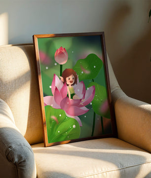 Charming fairy sitting on a blooming pink lotus in a magical garden