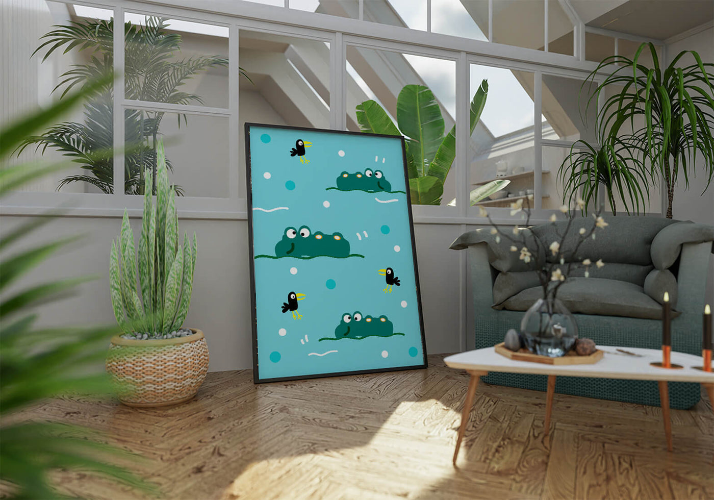 Playful cartoon crocodiles and birds on blue patterned background