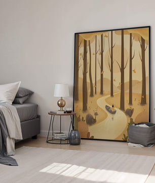 Serene autumn forest with river and boat in digital art scene