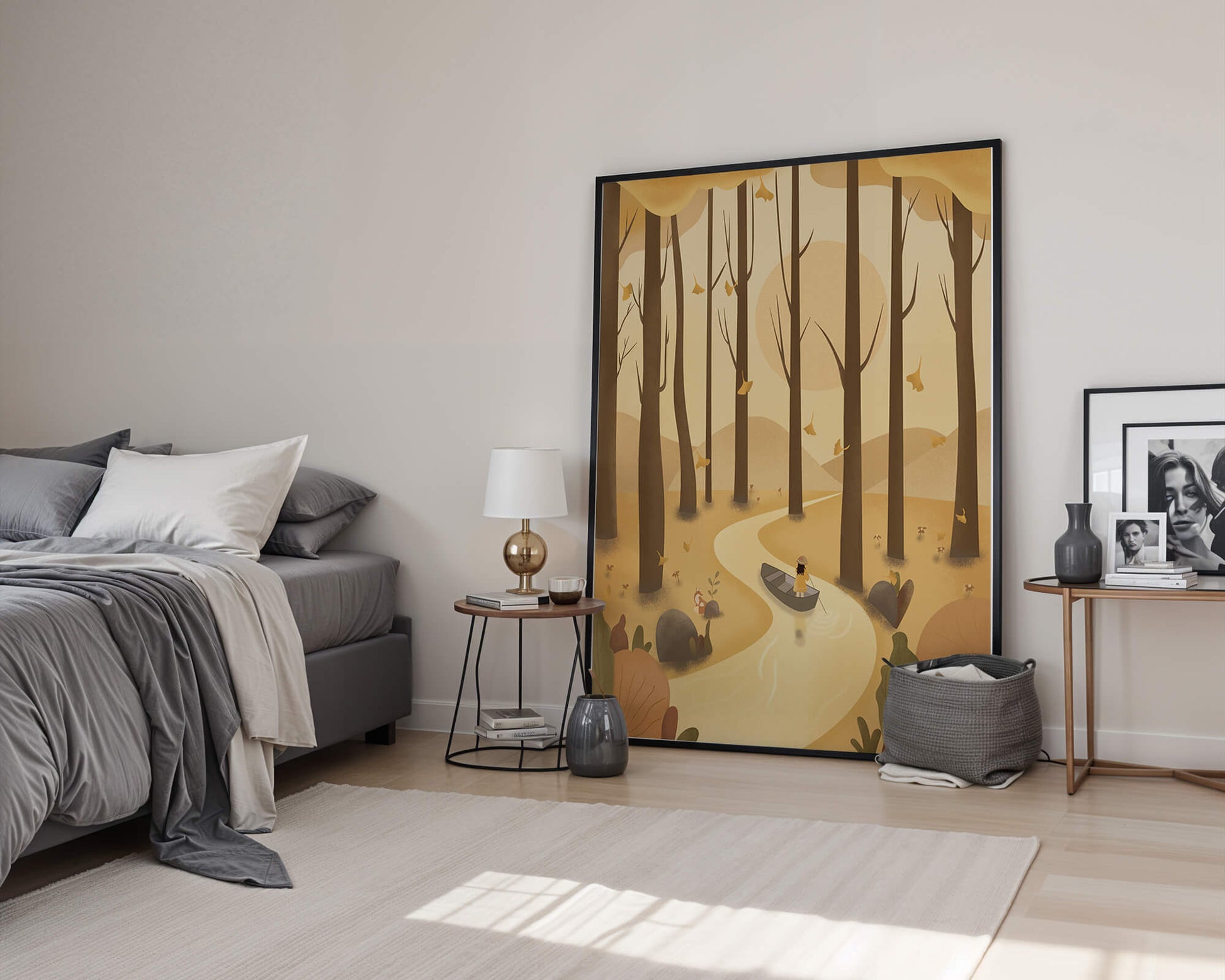 Serene autumn forest with river and boat in digital art scene