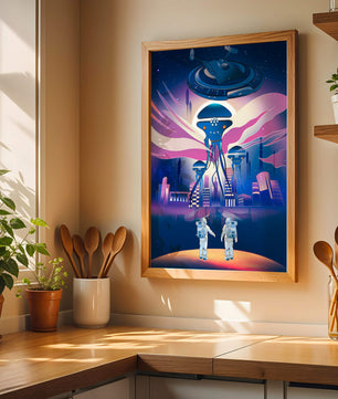Futuristic Space City With Alien Creatures and Astronauts