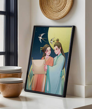 Elegant illustration of traditional attire with scroll and swallows under a full moon