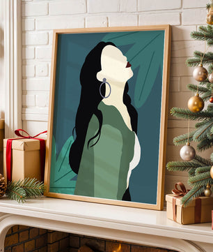 Stylized artwork of a woman with dark hair and earrings against a tropical leaf backdrop