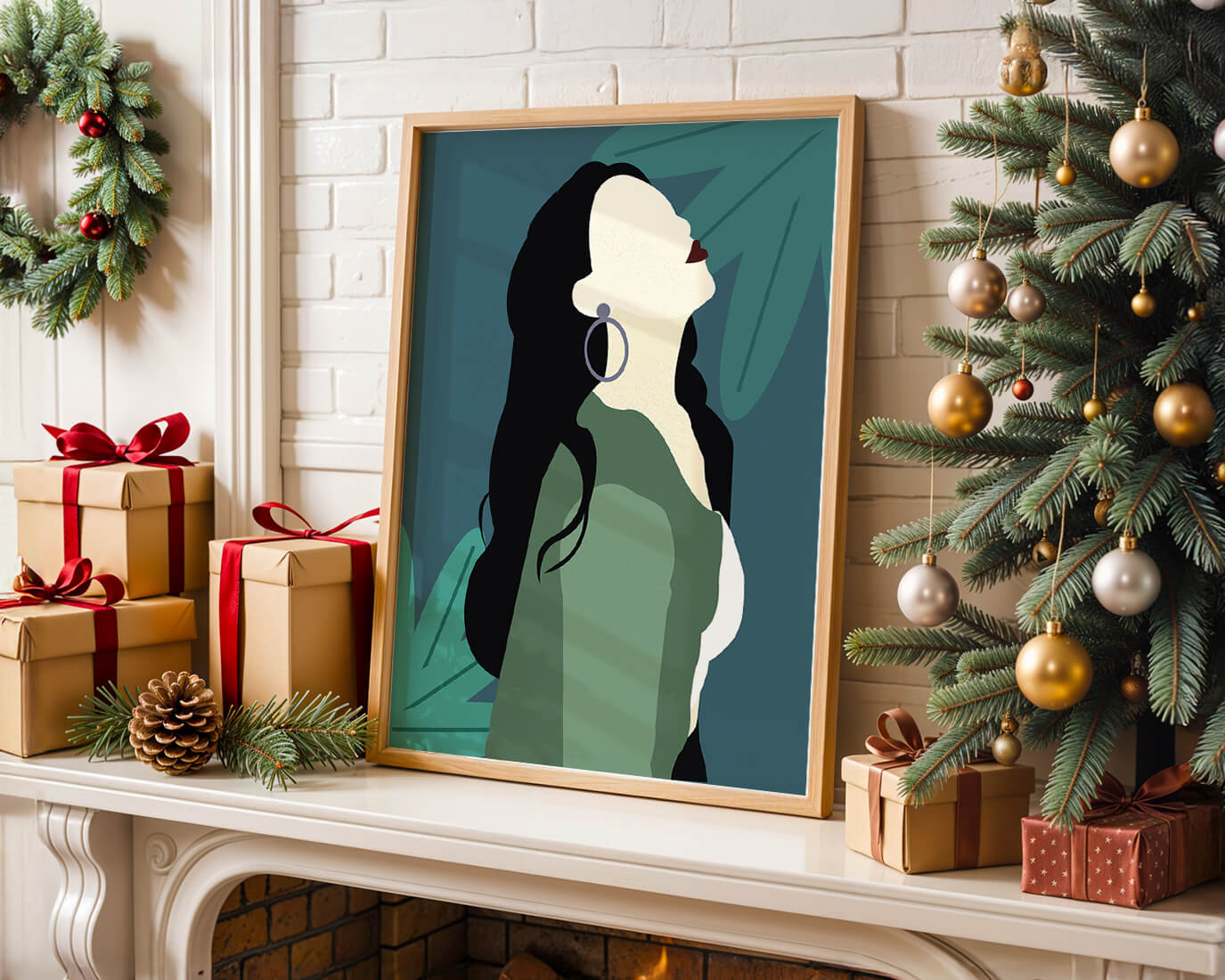 Stylized artwork of a woman with dark hair and earrings against a tropical leaf backdrop