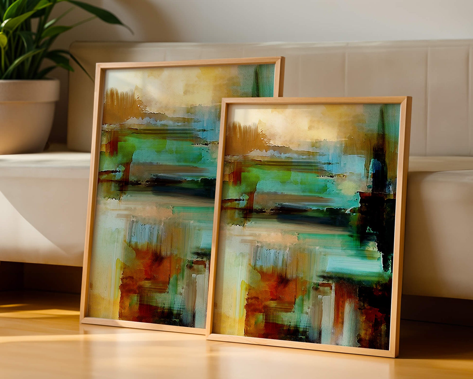 Abstract Expressionist Colorful Landscape with Earthy and Aqua Tones