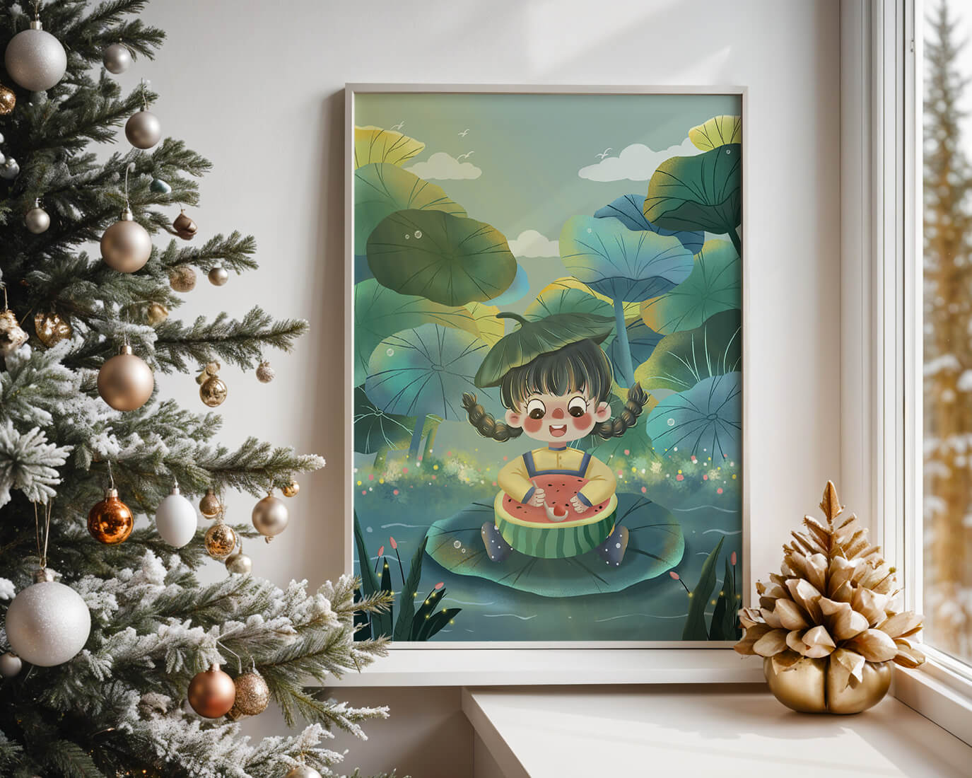 Charming illustration of a child enjoying watermelon amidst whimsical nature