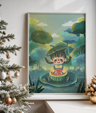Charming illustration of a child enjoying watermelon amidst whimsical nature