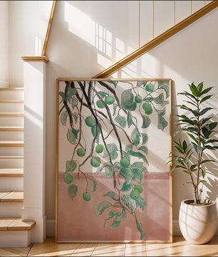 Branches With Green Apples And Leaves Over Pink Background