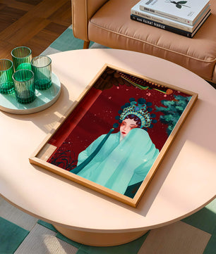 Traditional Asian art with elegant woman in traditional attire