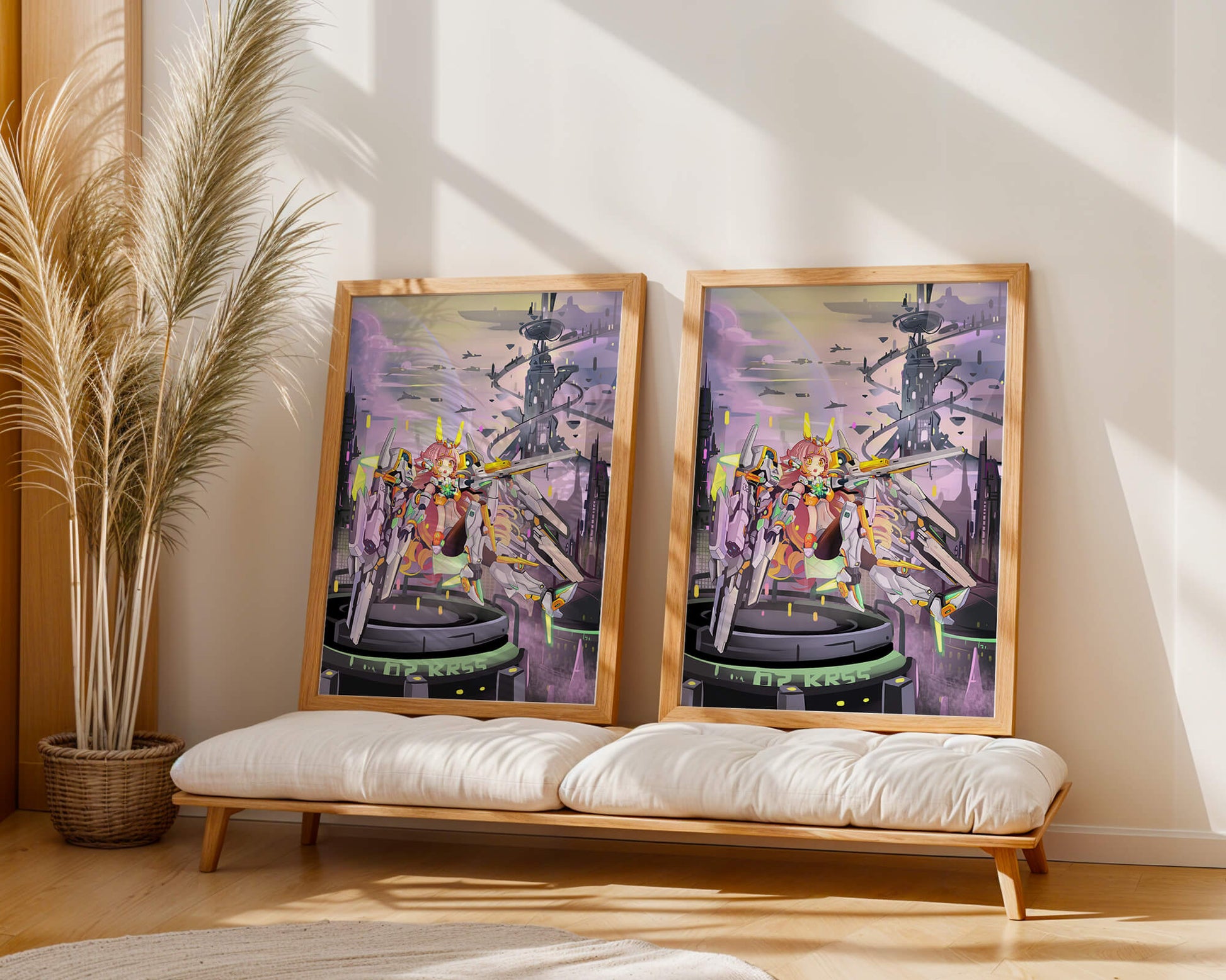 Futuristic illustration of girl with robot in sci-fi cityscape