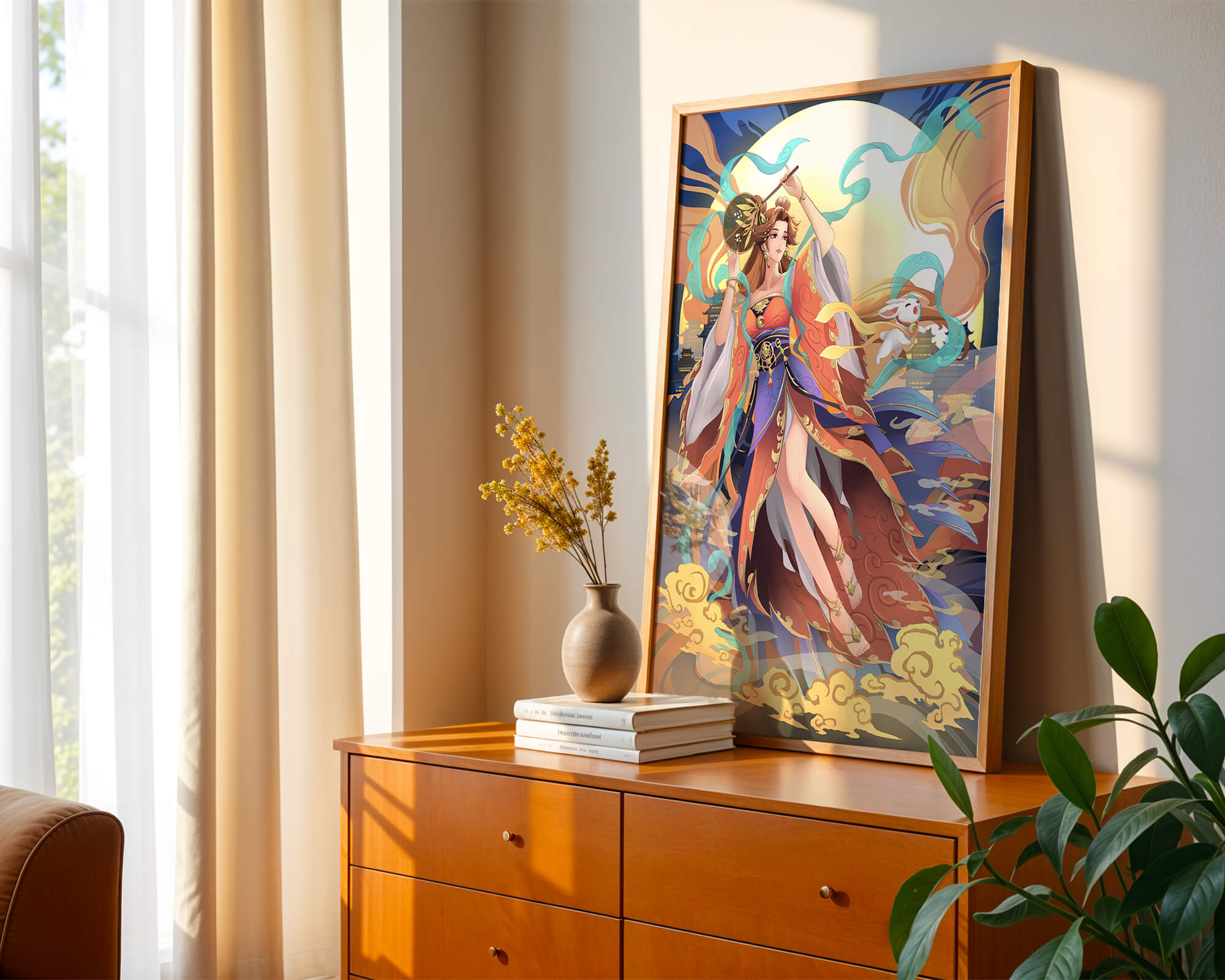 Elegant goddess with flowing robes against a mystical backdrop