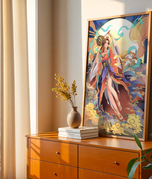 Elegant goddess with flowing robes against a mystical backdrop