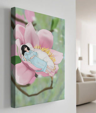 Escena onírica de una mujer durmiendo en una gran flor rosa