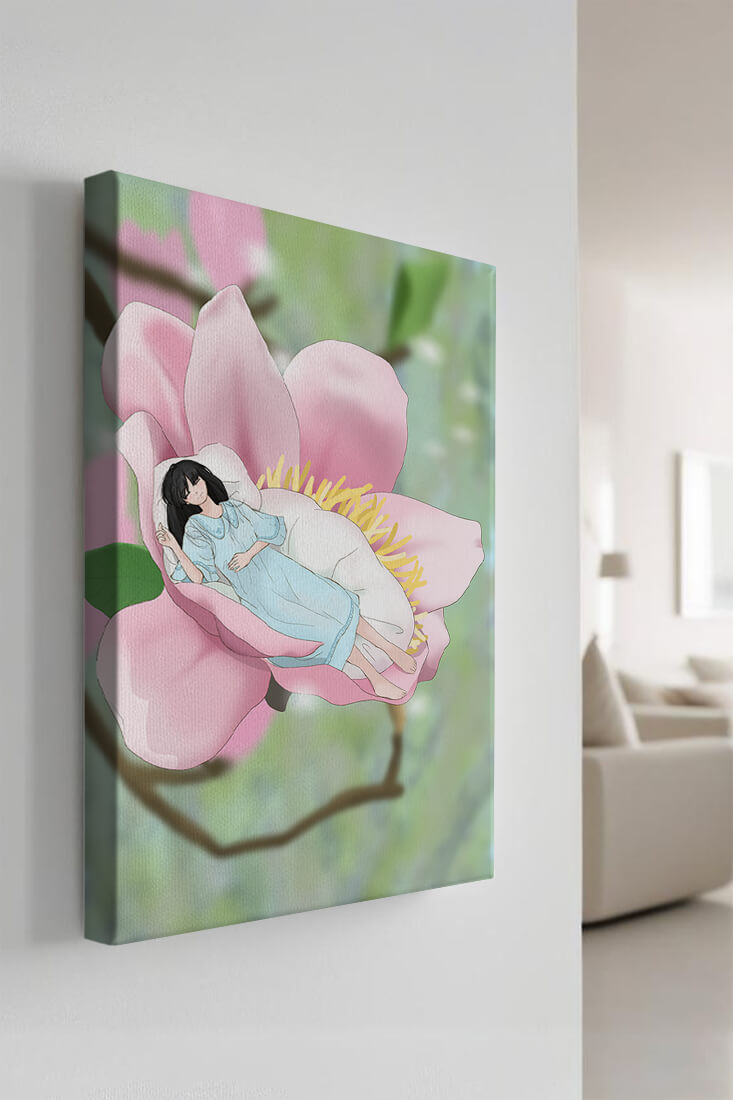 Dreamlike scene of a woman sleeping in a large pink flower