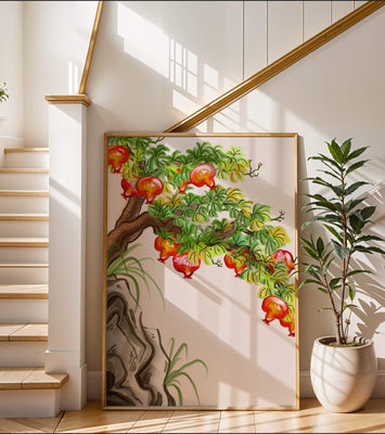 Serene landscape with pomegranate tree and rocky outcrop