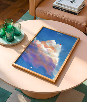Whimsical illustration of superboy with dreamy cloudscape