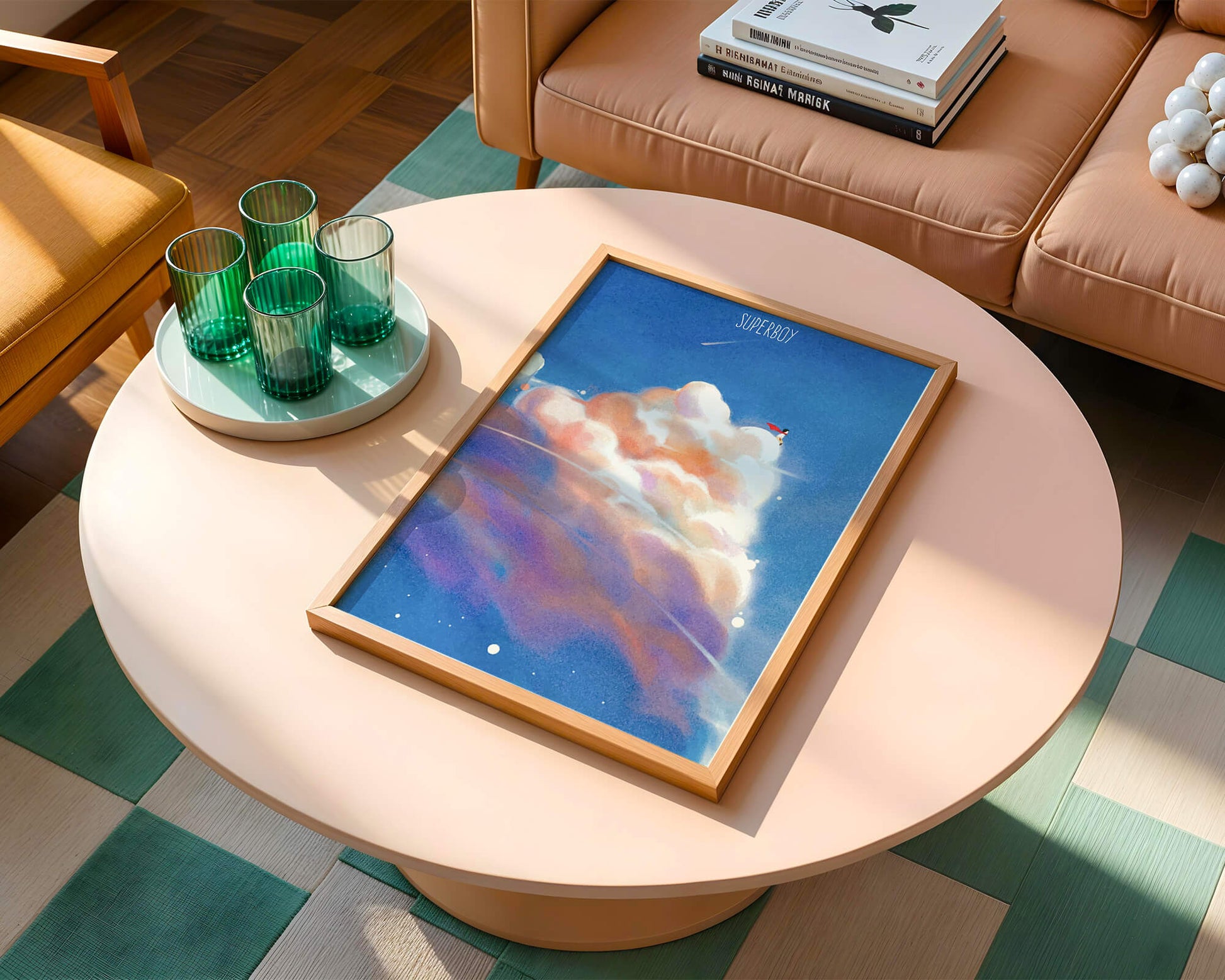 Whimsical illustration of superboy with dreamy cloudscape