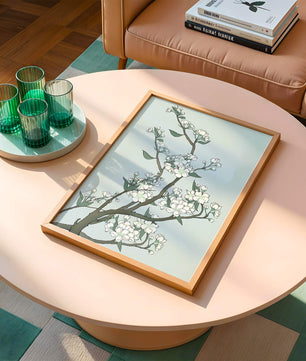 Delicate cherry blossoms on a soft blue background