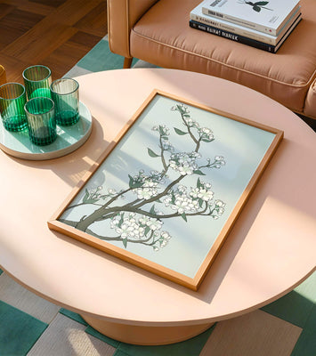 Delicate cherry blossoms on a soft blue background