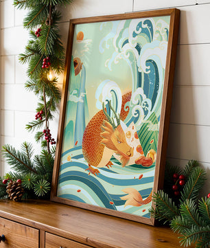 Dragon mythique au milieu de vagues stylisées et de montagnes aux couleurs vives