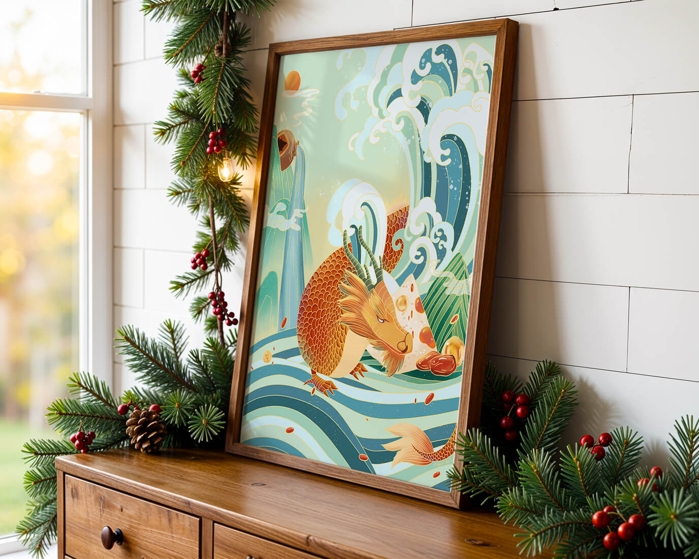 Mythical dragon amidst stylized waves and mountains in vibrant colors