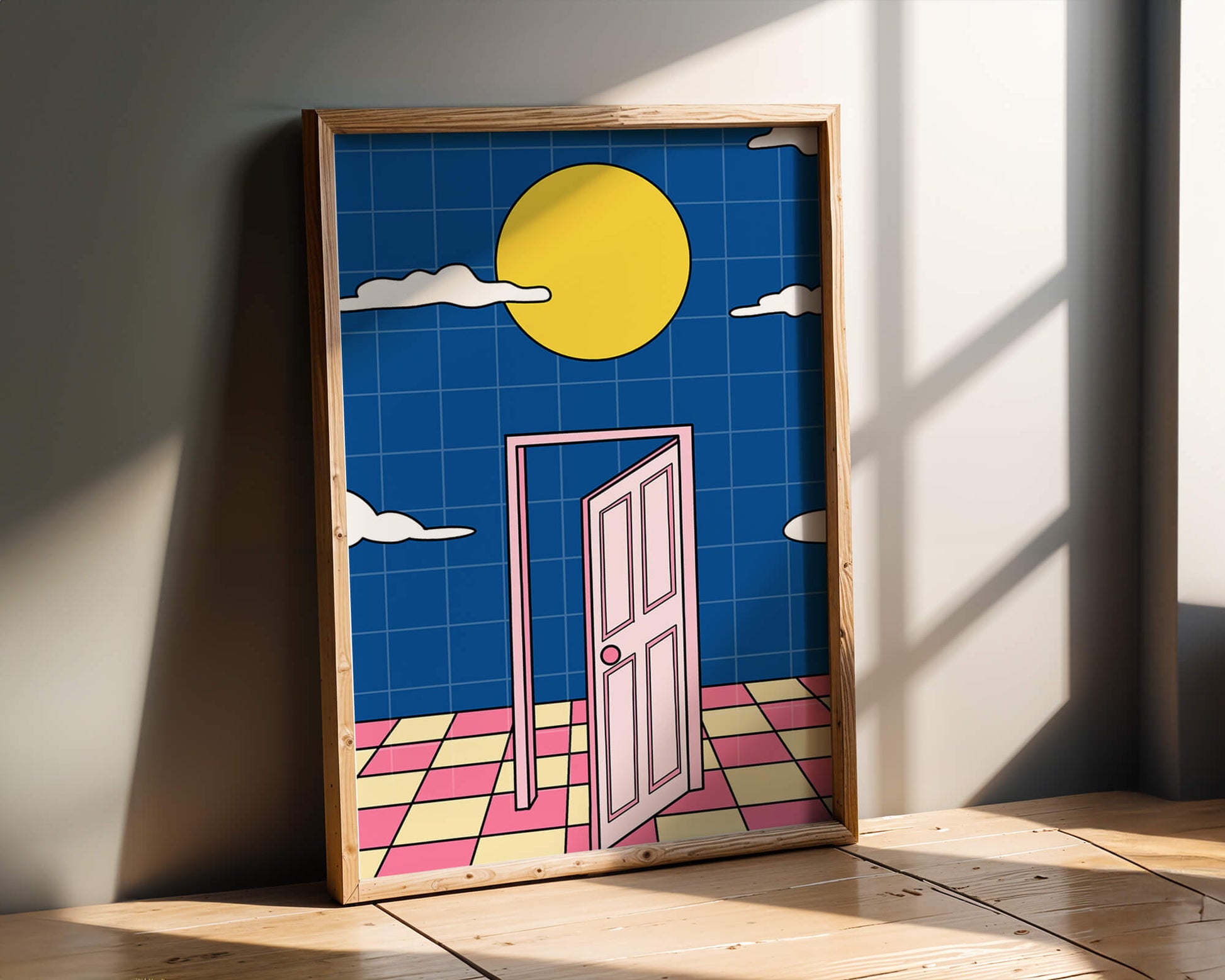 Surreal doorway with pink door under yellow sun and blue sky