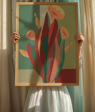 Abstract floral illustration with bold colors and geometric background