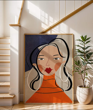 Colorful abstract portrait featuring a woman with red lips and hoop earrings on textured background - Mi tienda