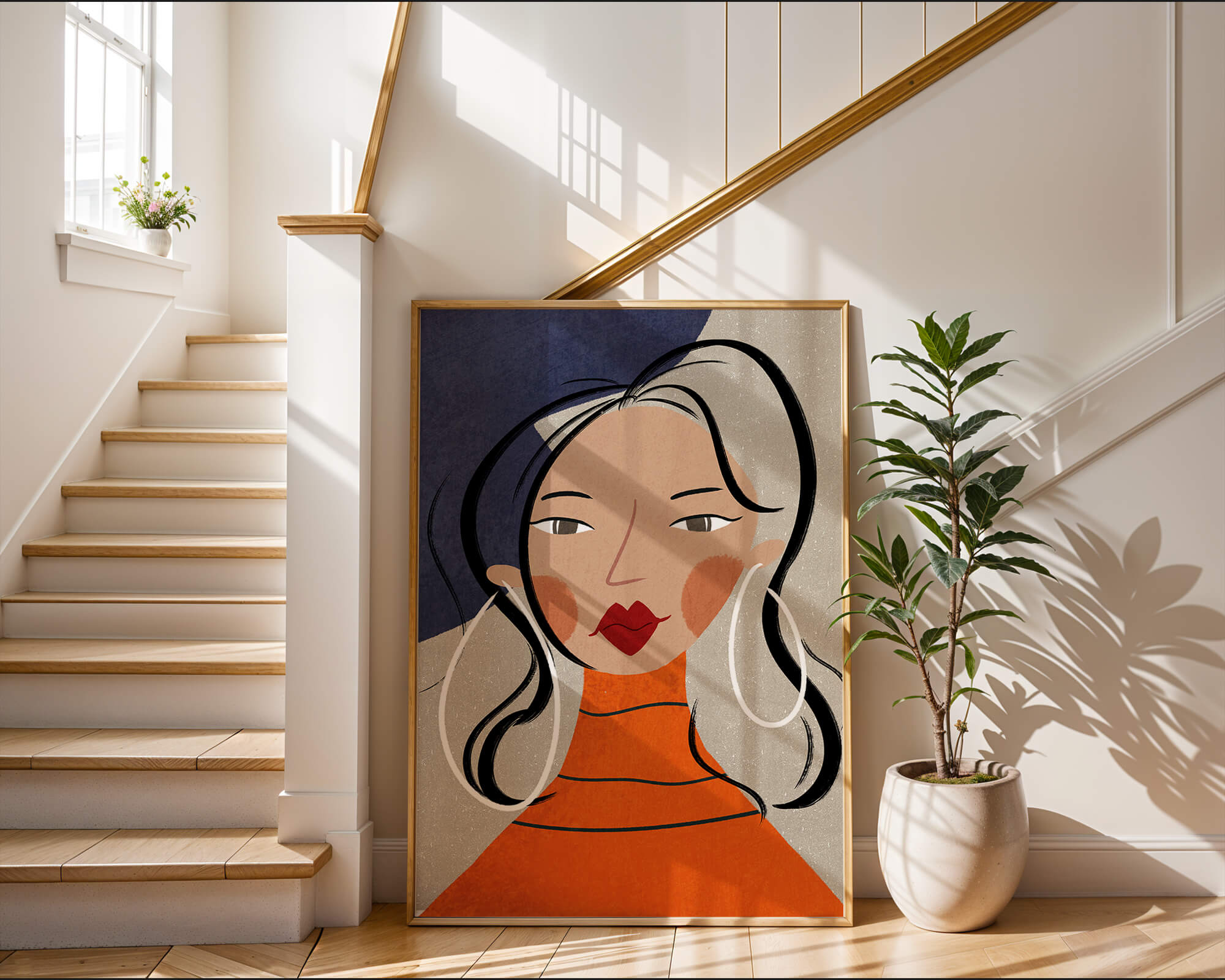 Colorful abstract portrait featuring a woman with red lips and hoop earrings on textured background - Mi tienda