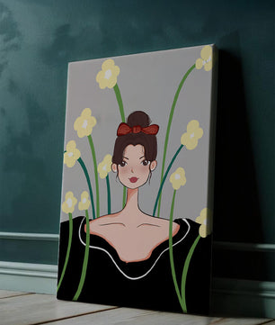 Ilustración de una mujer con fondo floral y lazo rojo