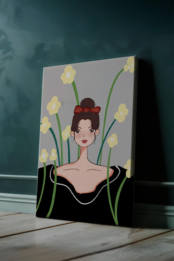 Illustration of a woman with floral background and red bow