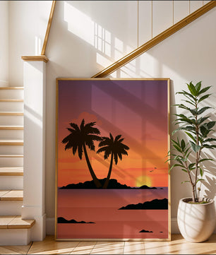 Sunset Over Tropical Island with Palm Trees and Birds - Mi tienda