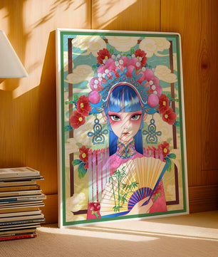 Ilustración elegante inspirada en el arte asiático con tocado elaborado y motivos florales