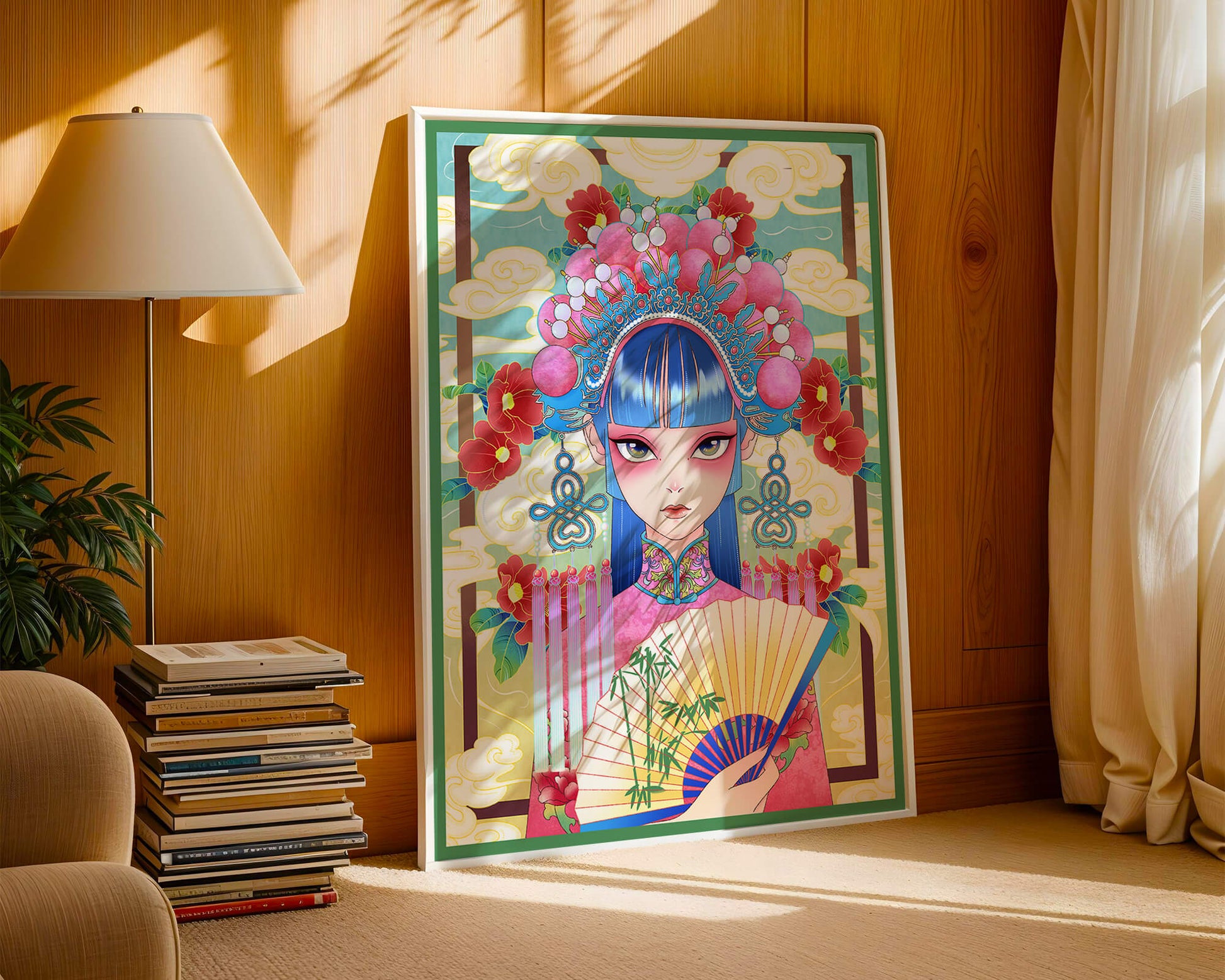 Ilustración elegante inspirada en el arte asiático con tocado elaborado y motivos florales