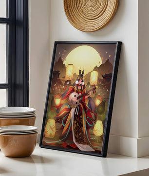 Elegant musician with traditional attire under lanterns and mountains