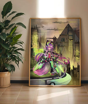 Cyberpunk-Anime-Figur im futuristischen Stadtbild 