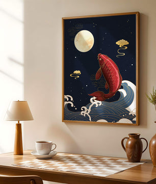 Ilustración artística de peces koi saltando sobre las olas bajo la luz de la luna