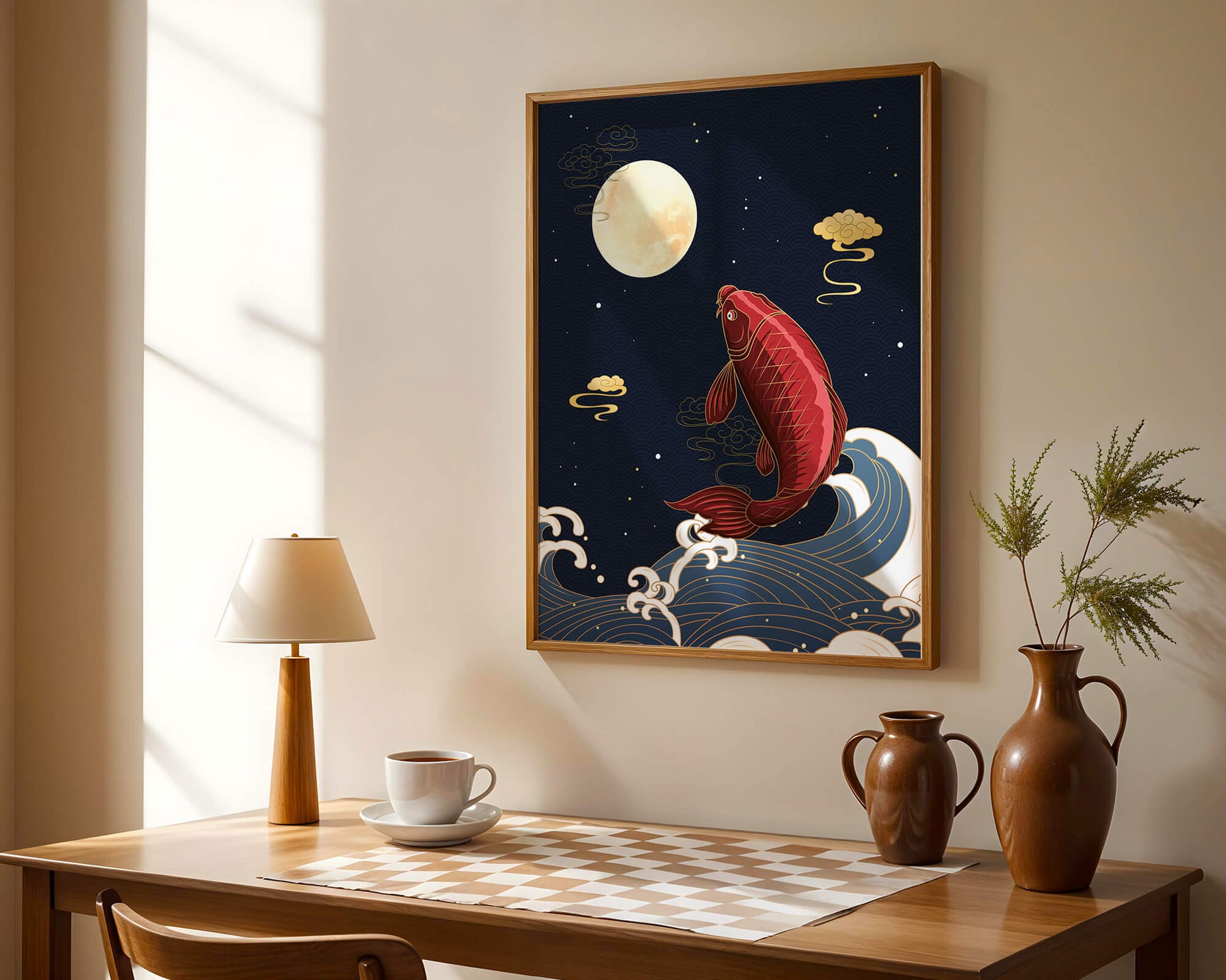 Artistic illustration of koi fish jumping over waves under moonlight