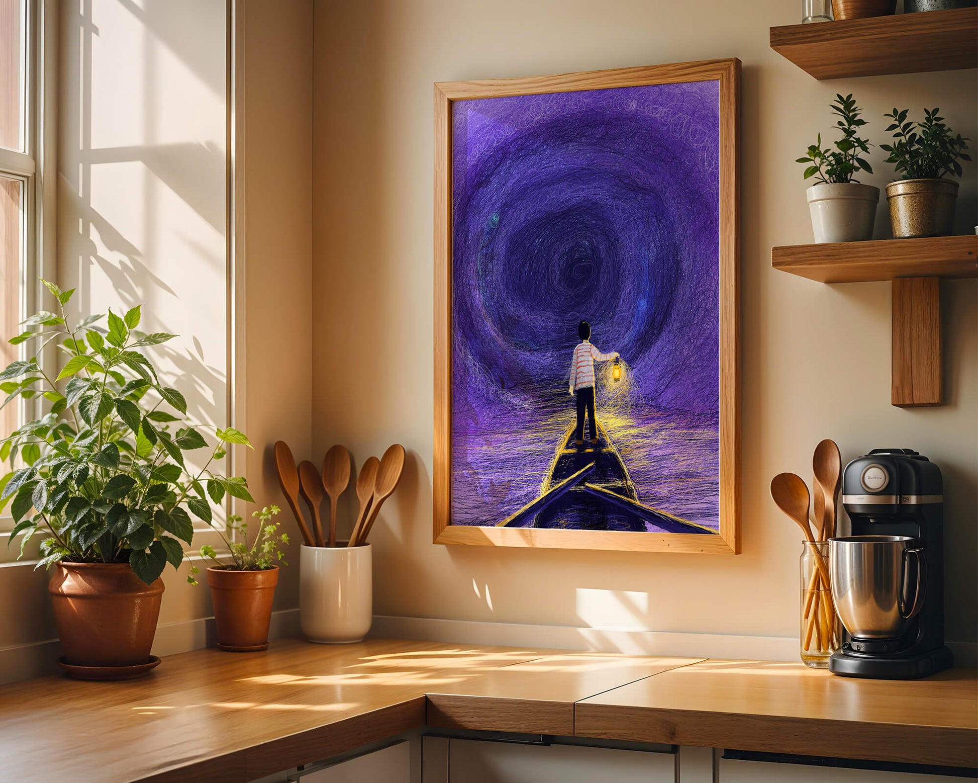 A boy holding a lantern on a boat in a swirling purple vortex