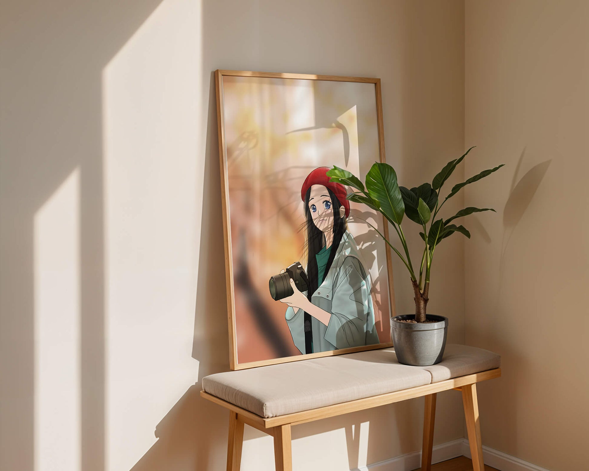 Anime girl in red beret holding camera during autumn