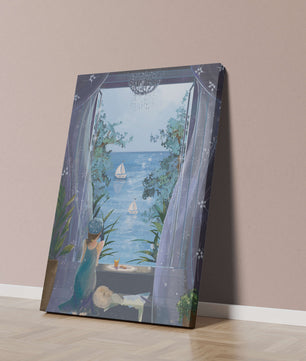 Peaceful Seaside View Through Open Window with Girl and Cat