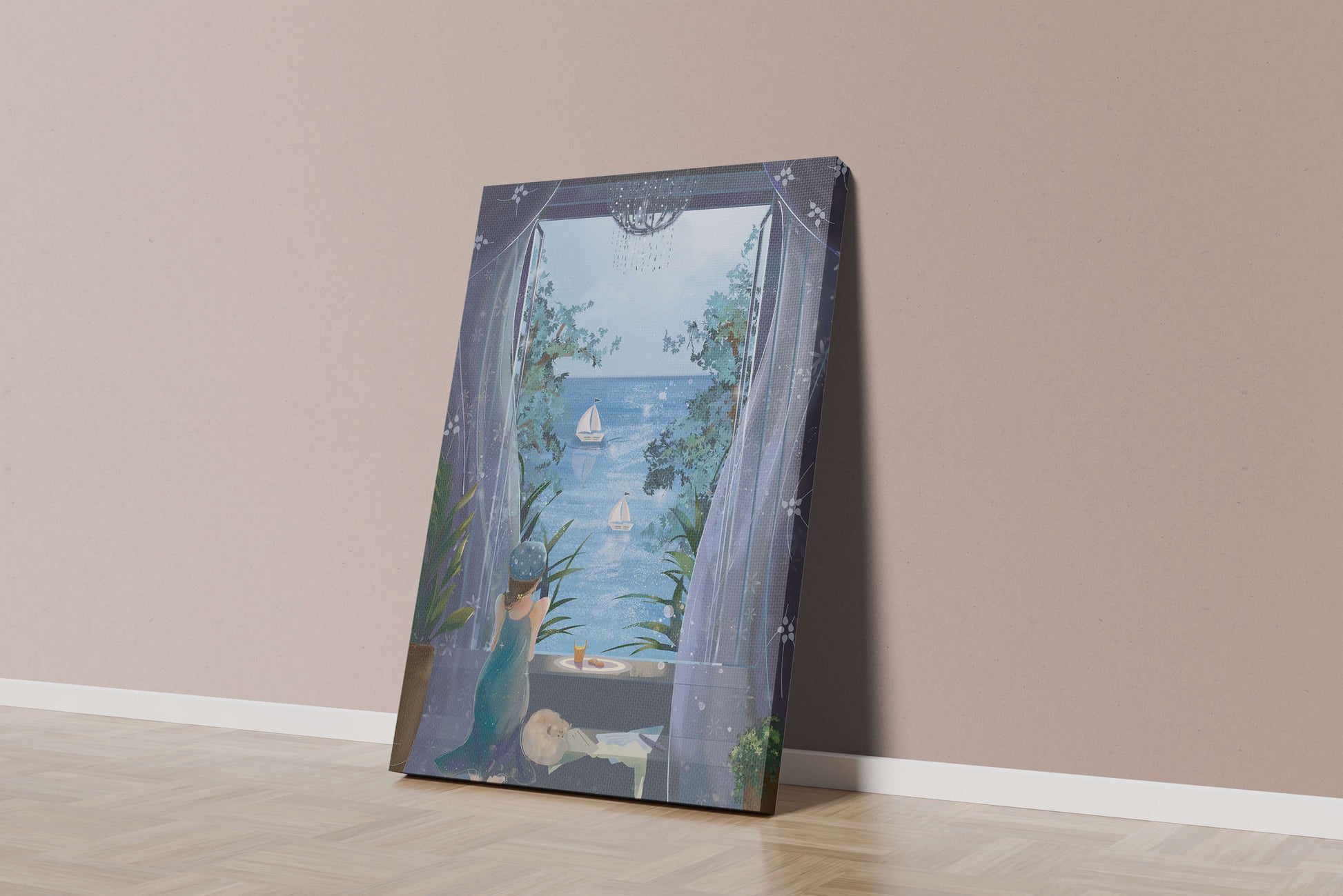 Peaceful Seaside View Through Open Window with Girl and Cat