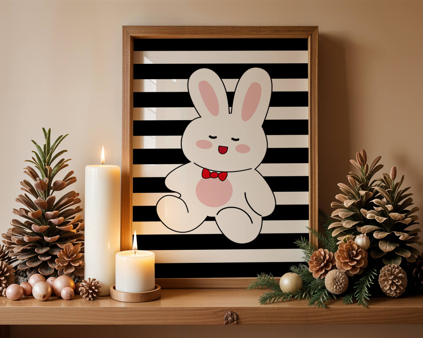 Adorable cartoon bunny with bold stripes and a red bow tie