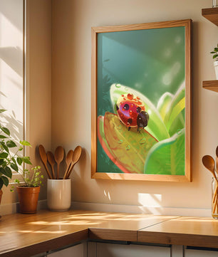 Ladybug on Leaf with Dew Drops in Serene Nature Setting - Mi tienda