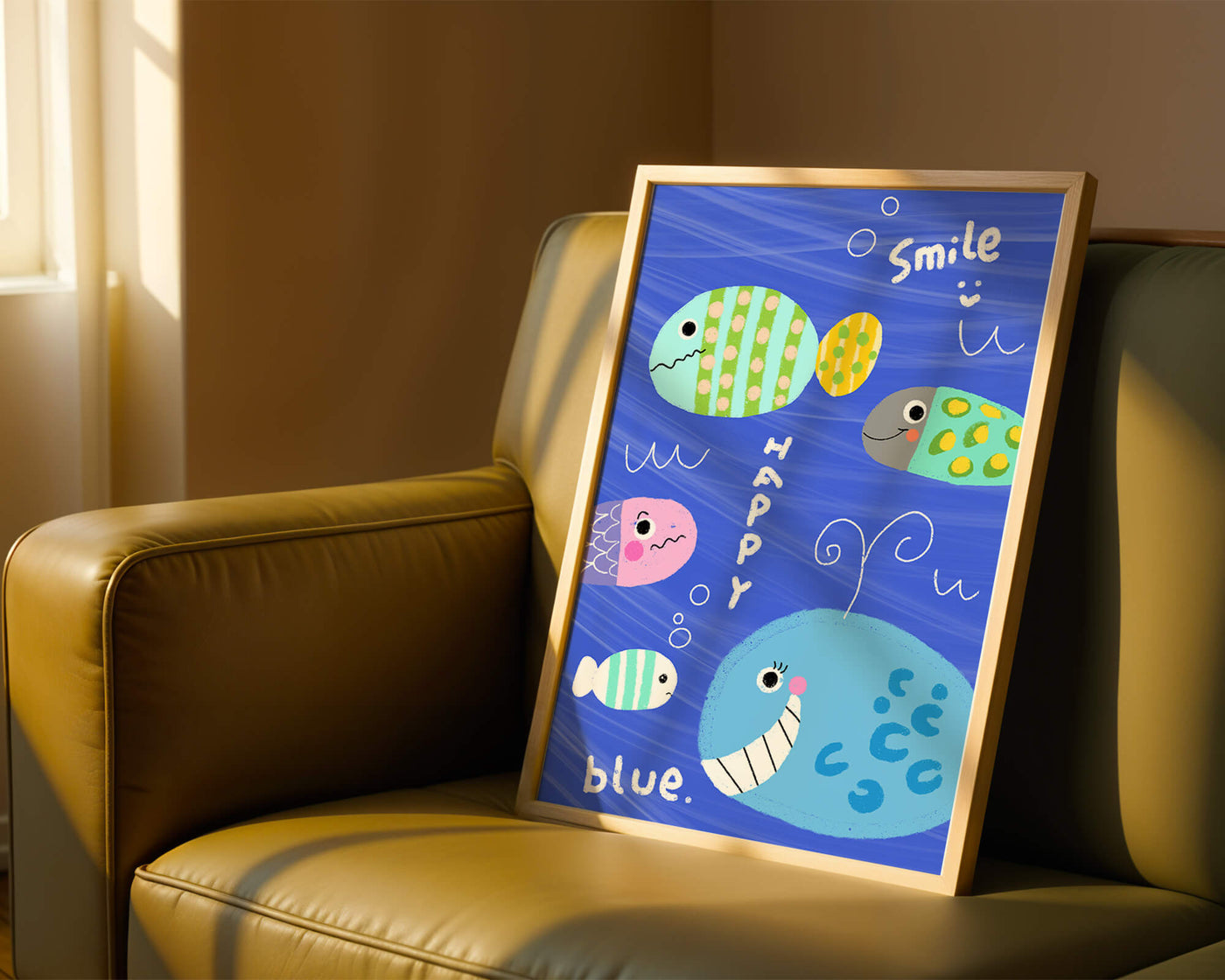 Colorful underwater scene with smiling cartoon fish